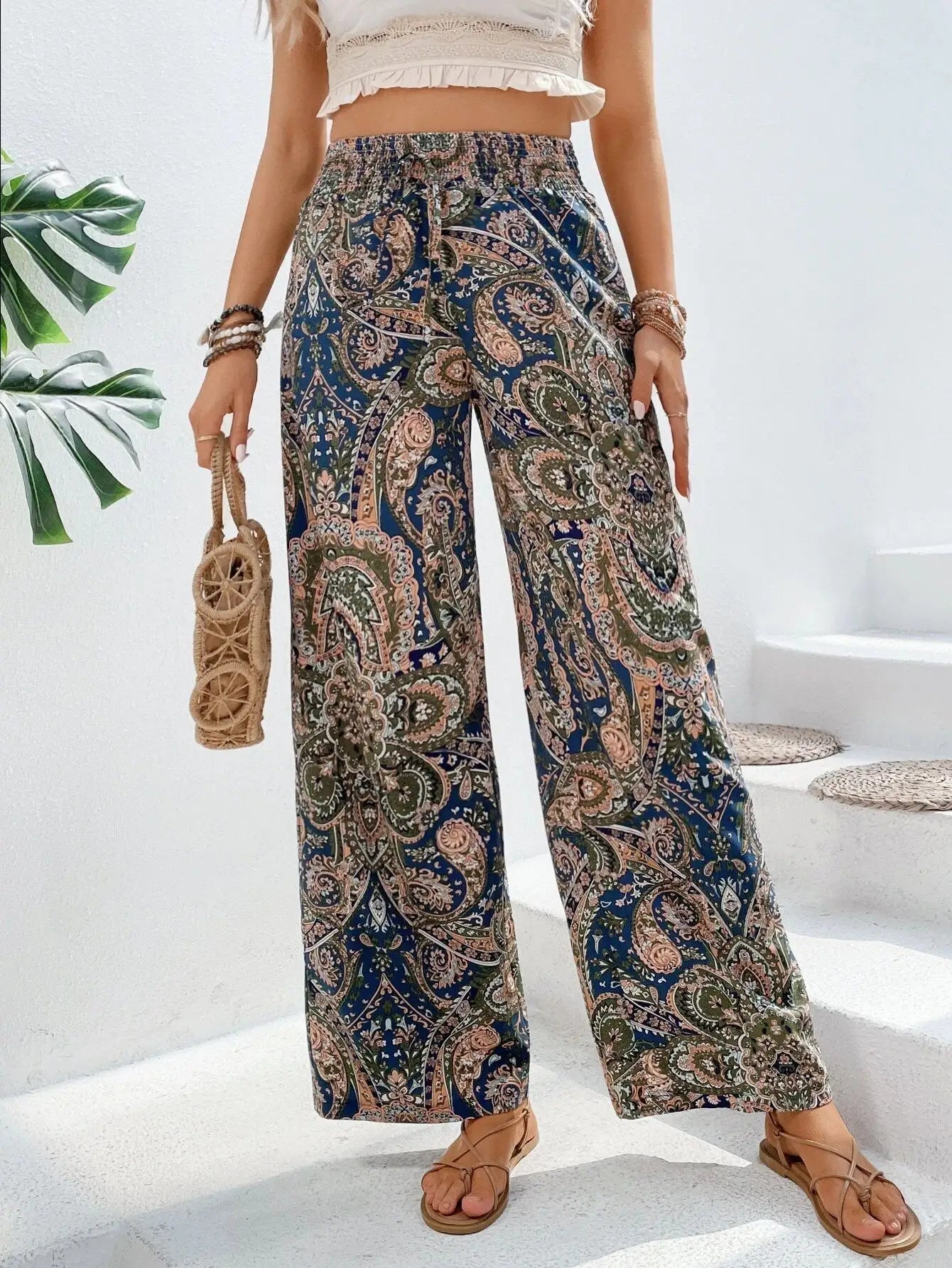 Loveda Hot Selling Women's Printed Trousers Designer Bohemia Wide-Leg Elasticated Palazzo