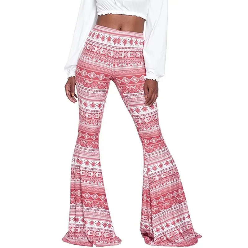 Womens Boho Bell Bottom Flare Pants Geometric Print Trousers Ethnic Clothing Hippie Clothes Yoga Leggings Palazzo