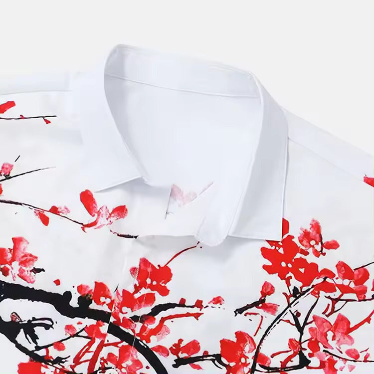 Vintage Style Men Shirts Summer Mens Lapel Ink Painting Plum Blossom Print Button Short Sleeve Shirt for Men Casual Streetwear