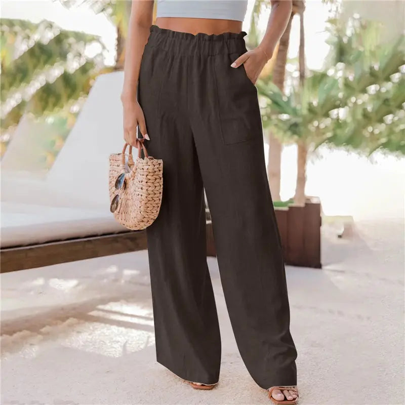 2023 summer new women's casual wide leg pants fashion ruffles pockets high waist women's