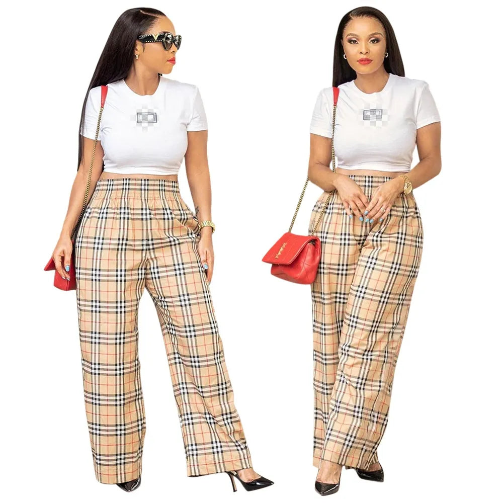 QuiteS 2023 New Plaid Print Loose Micro Flare Single Trousers Casual Wide Leg Cargo For Women Long