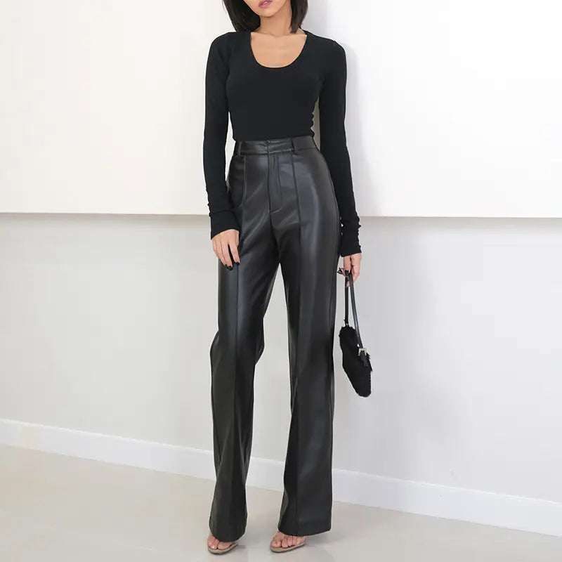 Women Leather Pants Straight-leg Trousers High Waist Leather