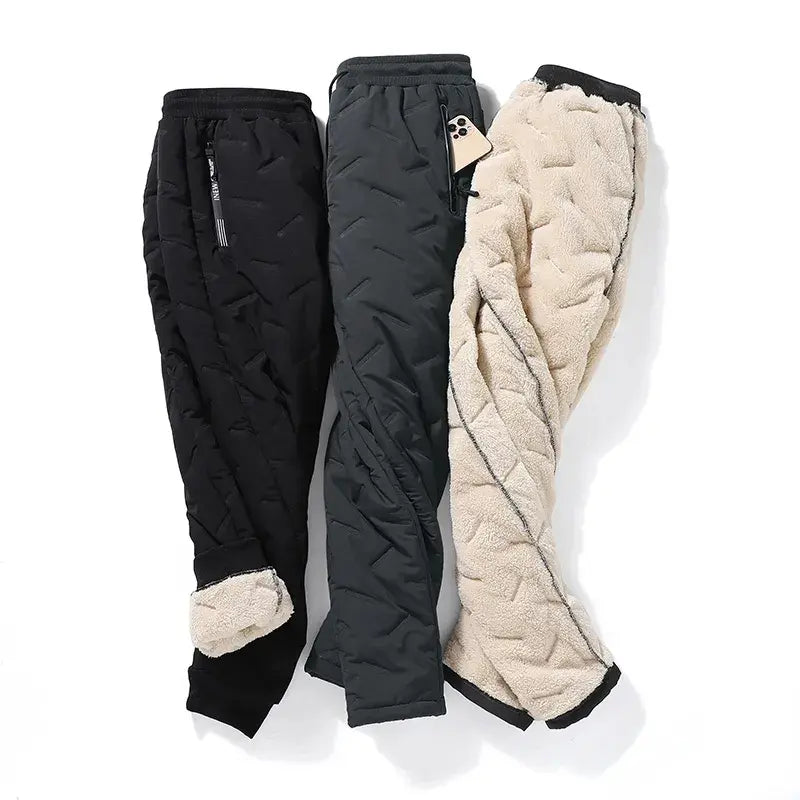 Winter Zip Pockets Thicken Fleece Sweatpants Men Joggers Black Grey Down Cotton Warm Male WaterProof Thermal Trousers