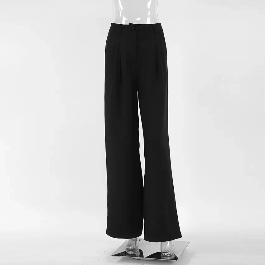 OOTN Autumn Solid Pockets Party Trousers Women 2023 Elegant Office Lady Pleated Long Fashion Black Straight