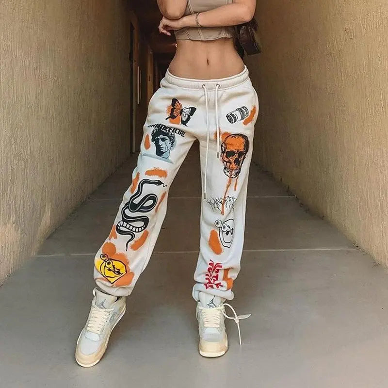 Women Sweat Pants Street Wear Cartoon Printed Trousers Jogger 2022 Winter Drawstring Cargo Casual Sweatpants