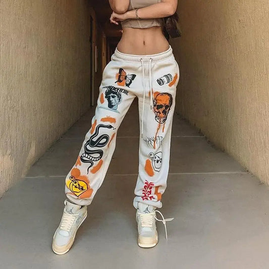 Women Sweat Pants Street Wear Cartoon Printed Trousers Jogger 2022 Winter Drawstring Cargo Casual Sweatpants