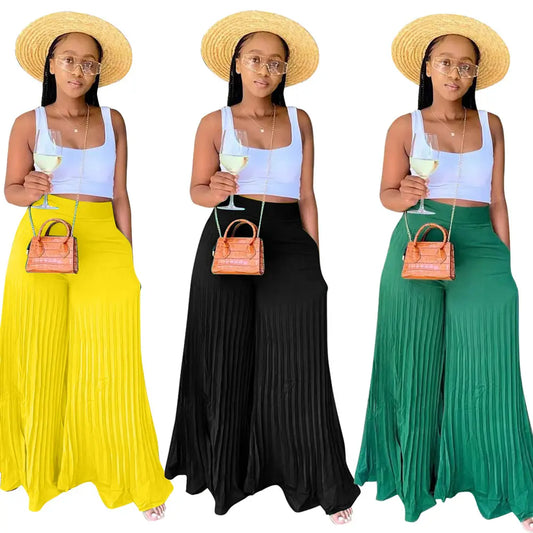 summer 2022 women clothing new Fashion casual solid color high temperature stereotype pleated wide leg