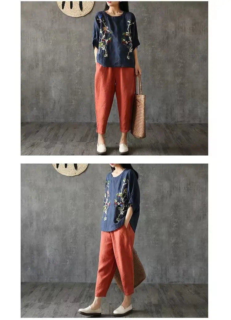 Hengxin Hot Sale New Large Size Women Solid Color Ankle-Length Loose Casual Cotton And Linen Trousers