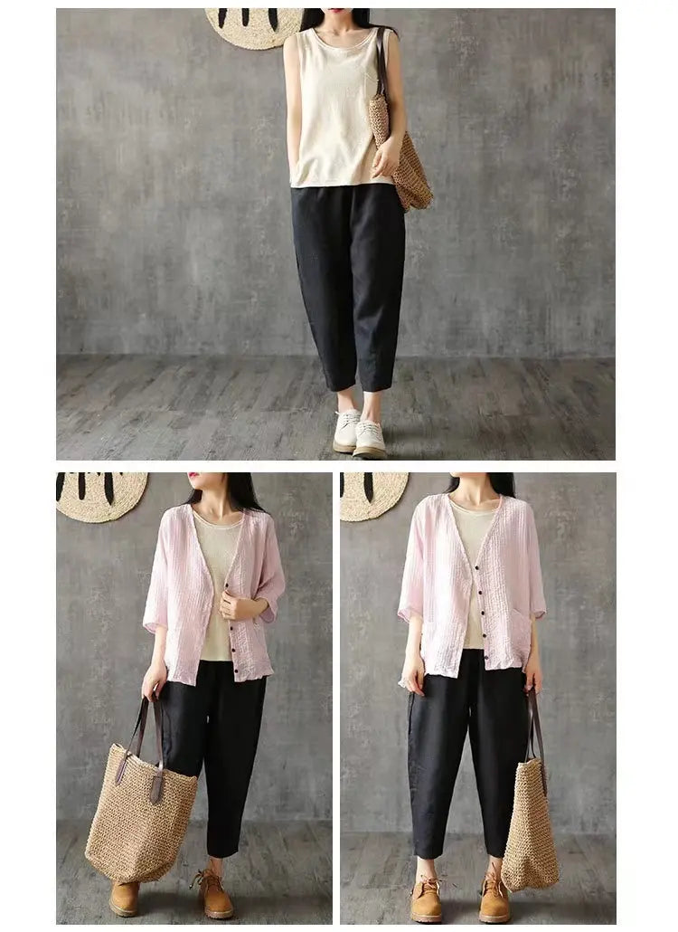 Hengxin Hot Sale New Large Size Women Solid Color Ankle-Length Loose Casual Cotton And Linen Trousers