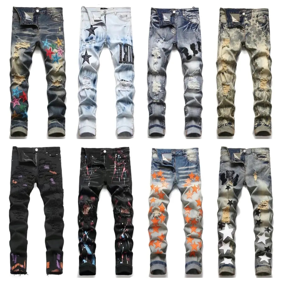 Shredded Pants Men's Slim Denim Youth feet Pants Hair Stylist Pencil