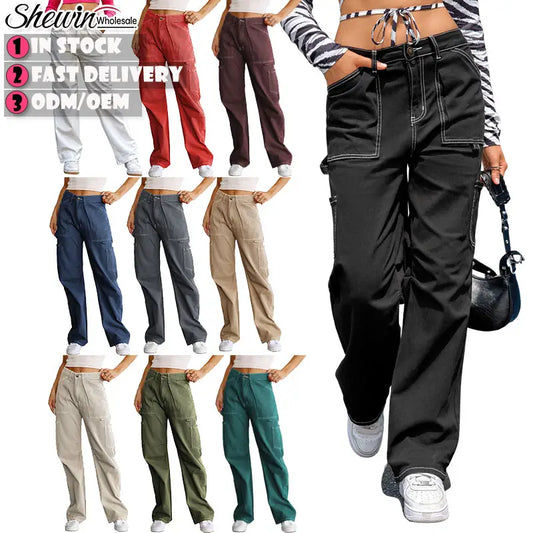 Fashion Casual High Waist Ladies Jogger Pants Pockets Black Cargo Women