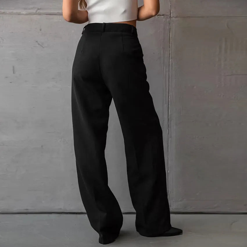 OOTN Autumn Solid Pockets Party Trousers Women 2023 Elegant Office Lady Pleated Long Fashion Black Straight