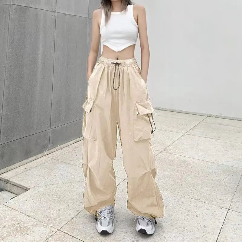 Fengway 2024 Trendy Vintage Wide Leg Pants Women Loose Ankle Trousers Streetwear Drawstring Cargo With Pocket