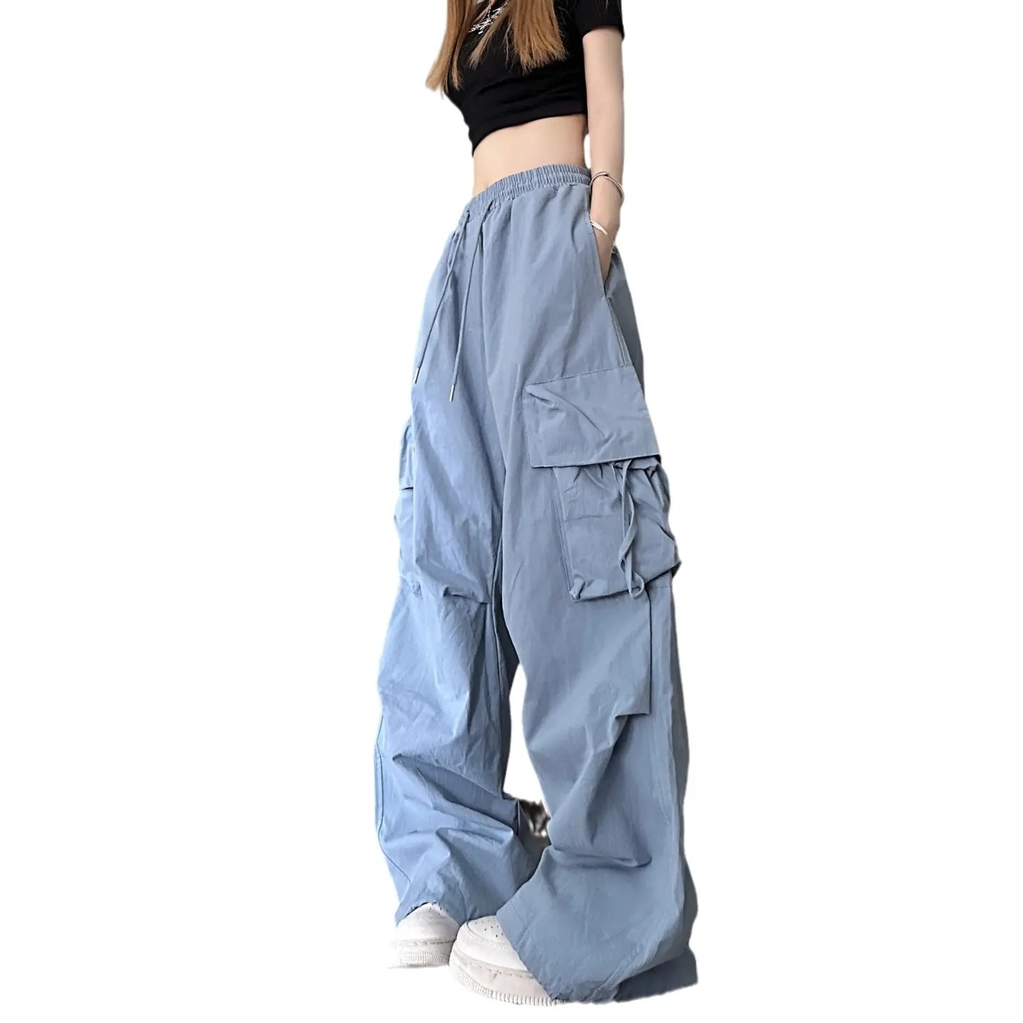 Plus Size Women's Beige Loose Cargo Pants Casual Baggy Wide Leg Sweatpants Hippie Joggers Trousers Drawstring Closure Hip Hop