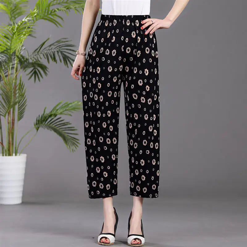 New Women Fashion Long Pants Spring Summer Ice Silk Loose Printed Trousers Elastic Waist Lady Wide Leg Casual