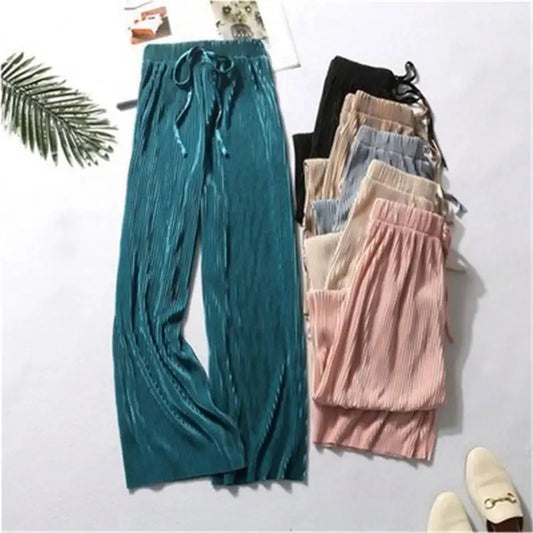 Summer Wide Leg Pants For Women Casual Elastic High Waist 2021 New Fashion Loose Long Pleated Trousers Femme R1816