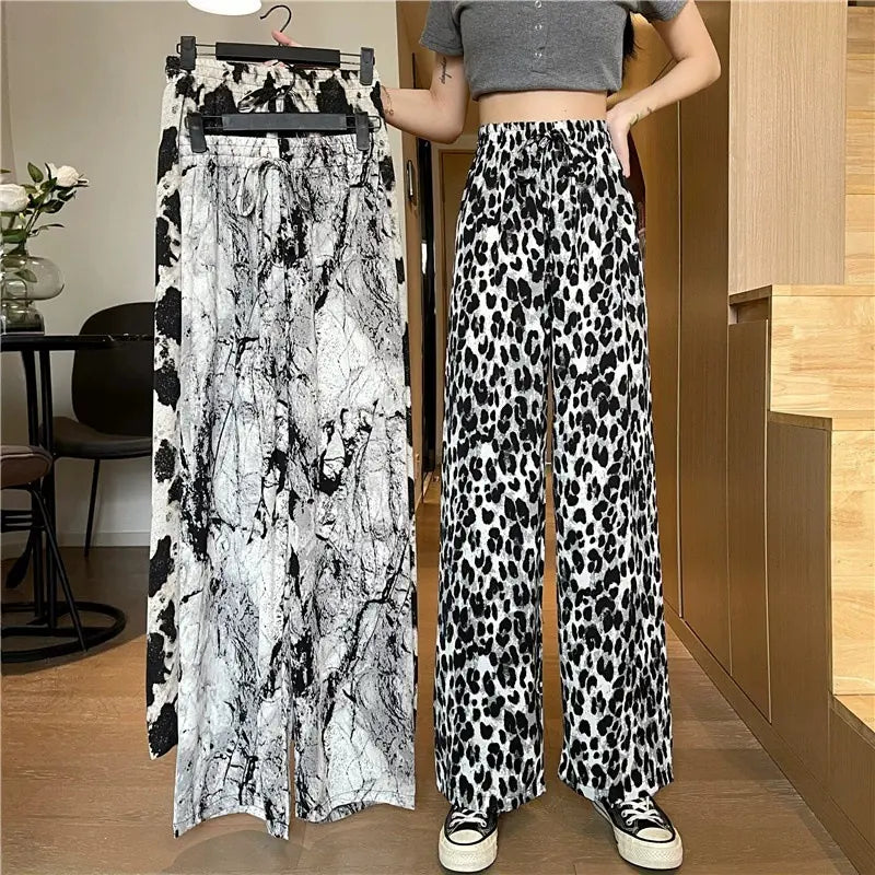 Hot Selling High Waist Loose Lace-up Ink Painting Casual Tie-dye Ice Silk Printed Harem Wide Leg Women