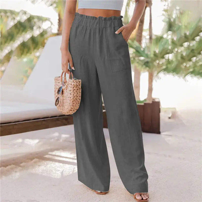 2023 summer new women's casual wide leg pants fashion ruffles pockets high waist women's