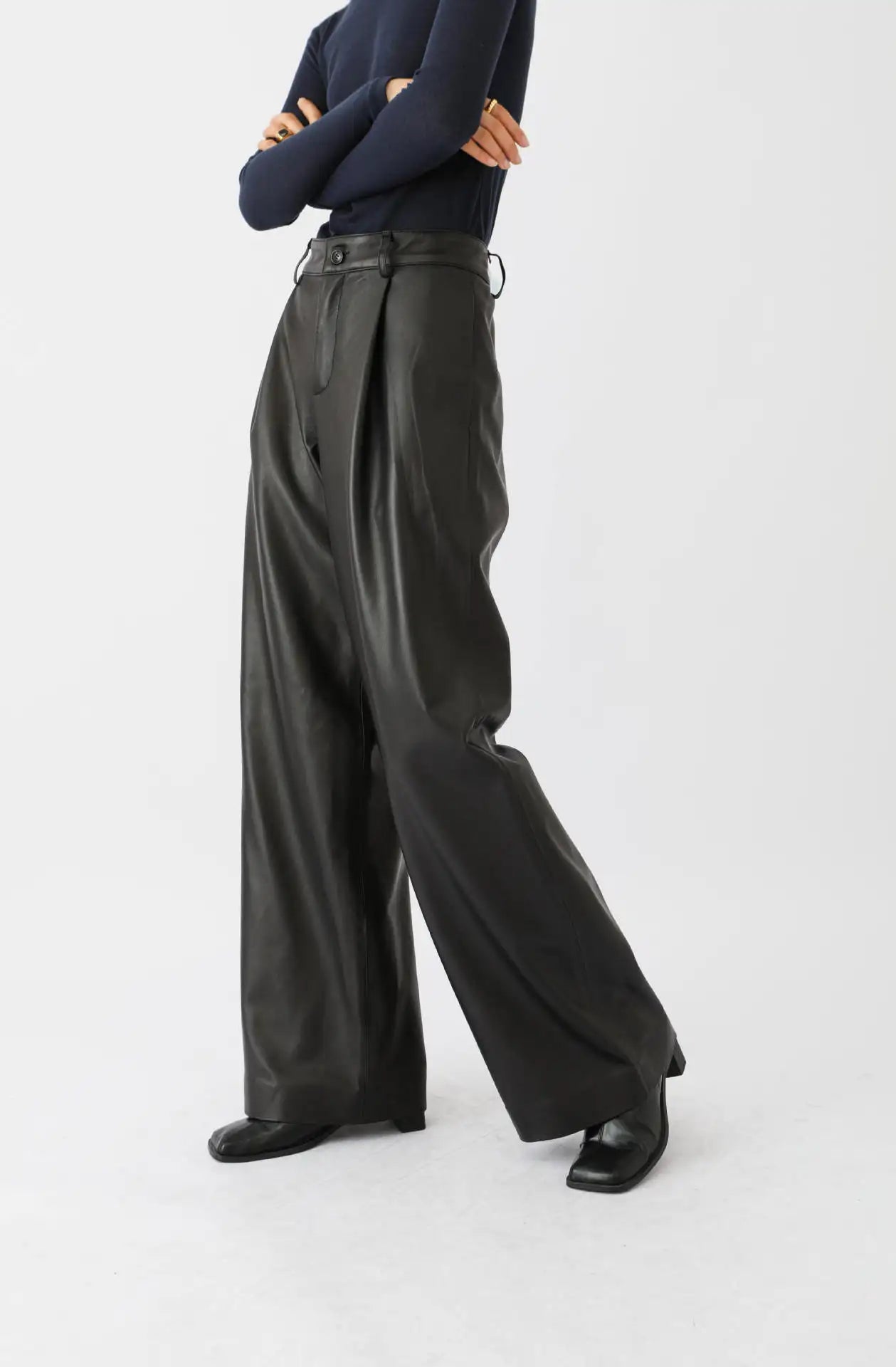 Fashion 100%Sheepskin Leather High Quality Women Loose Long Wide-leg Trousers Oversized