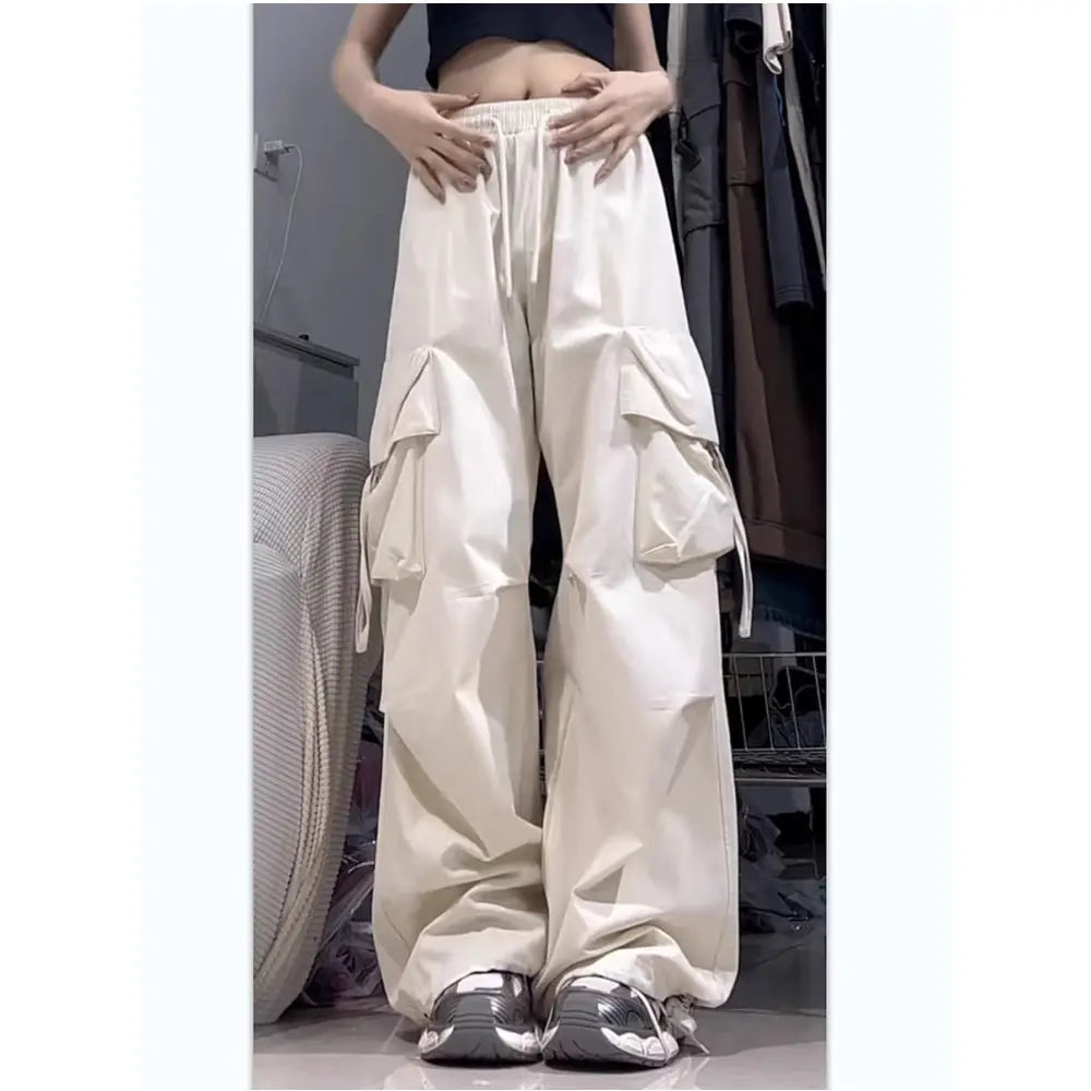 Plus Size Women's Beige Loose Cargo Pants Casual Baggy Wide Leg Sweatpants Hippie Joggers Trousers Drawstring Closure Hip Hop