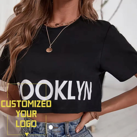 Yisen Manufacturer Small Quantity Custom T-shirt Black Letter Graphic Crop Tee Women Short sleeve Tshirt Round neck T