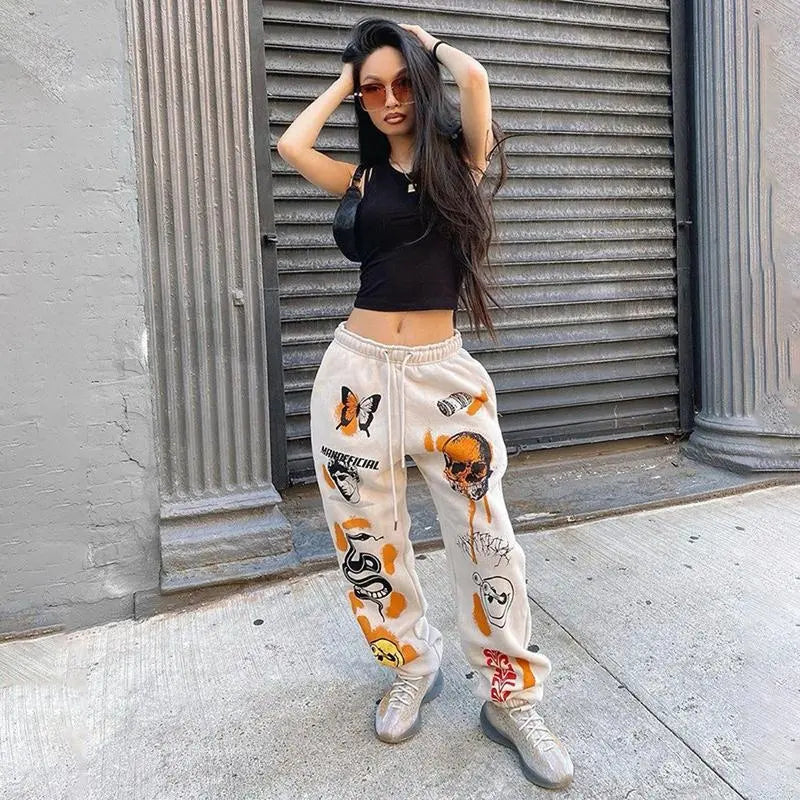 Women Sweat Pants Street Wear Cartoon Printed Trousers Jogger 2022 Winter Drawstring Cargo Casual Sweatpants