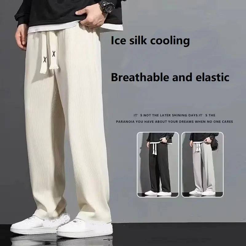 Summer thin ice silk cool feeling loose pants men casual trend straight floor-length