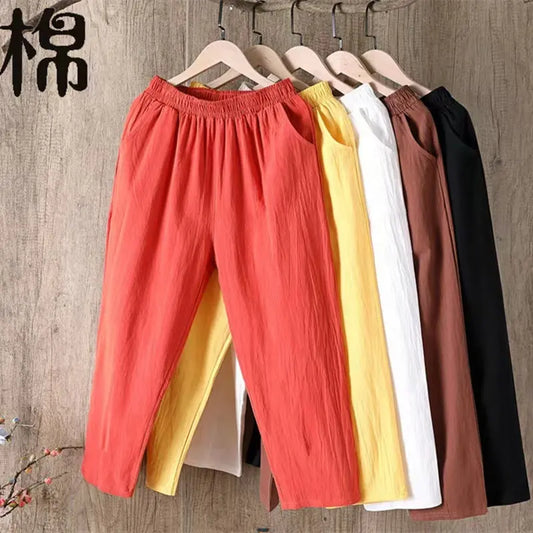 Hengxin Hot Sale New Large Size Women Solid Color Ankle-Length Loose Casual Cotton And Linen Trousers