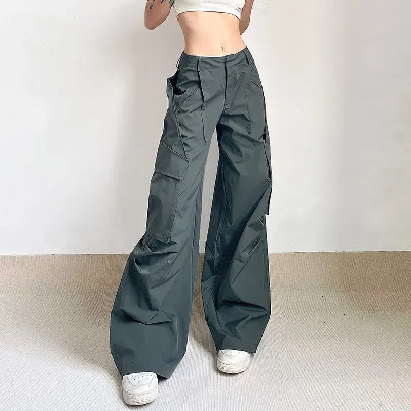 Flare Cargo Pants Women Parachute Pockets Vintage Y2k 90s Streetwear