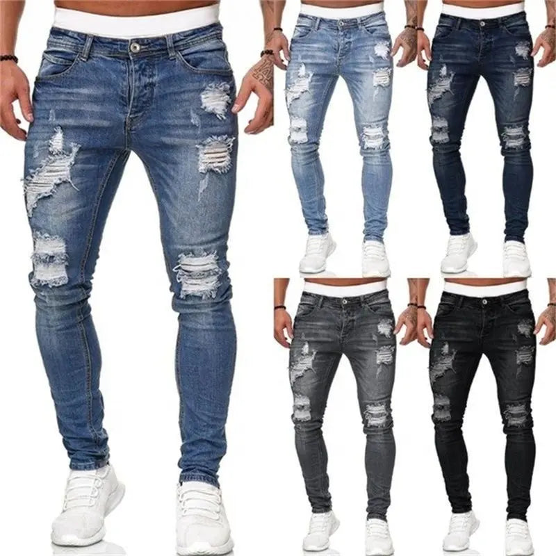 Shredded Pants Men's Slim Denim Youth feet Pants Hair Stylist Pencil