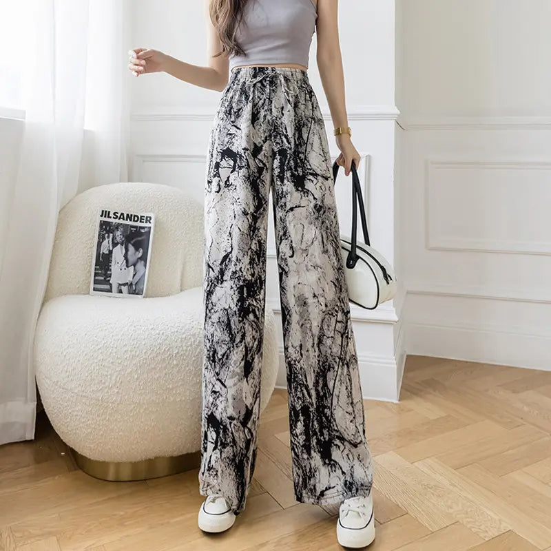 Hot Selling High Waist Loose Lace-up Ink Painting Casual Tie-dye Ice Silk Printed Harem Wide Leg Women