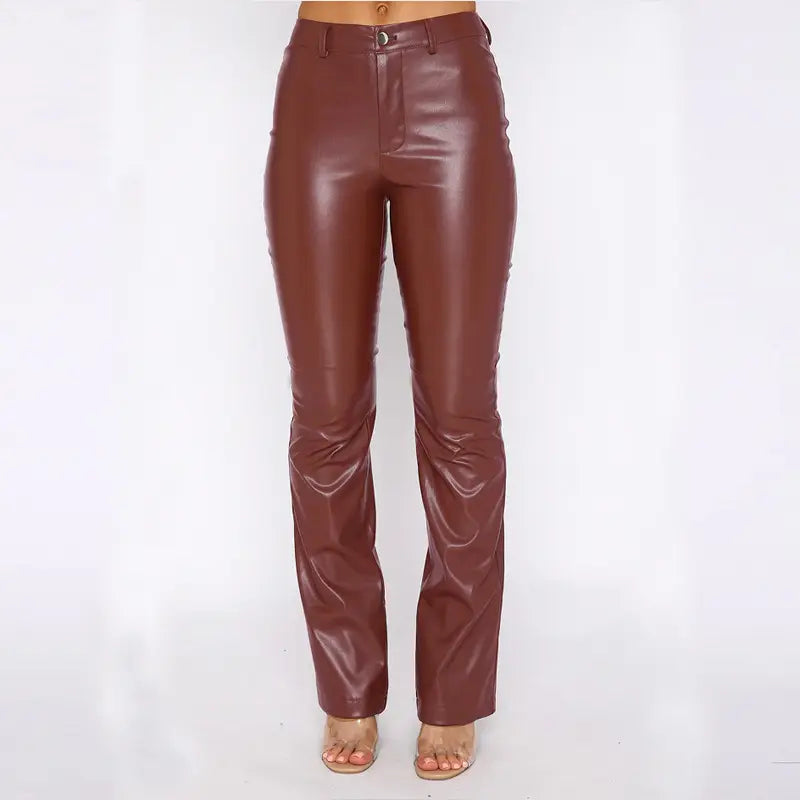 Casual Women PU Leather Straight Pants High Waist Zipper Fly Trousers