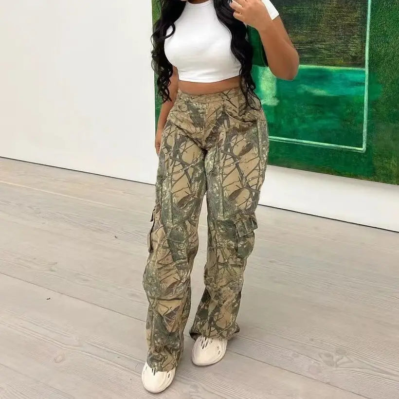 2024 New Fashion Women'S Camouflage Pants High Waist Straight Cargo Mujer Women Streetwear Baggy Women'S