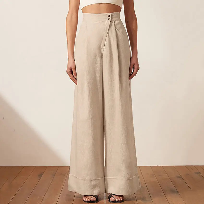 Shinesia 2022 Summer Casual Pants Women's Clothing Khaki Straight Cotton Linen High Waist Loose Knitted WASHED Wide Leg Trousers