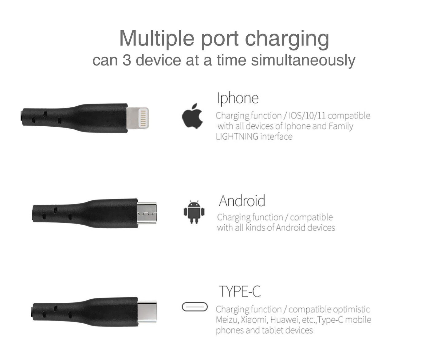 Tres Sync & Charge 3 in 1 Cable 1.5M Black