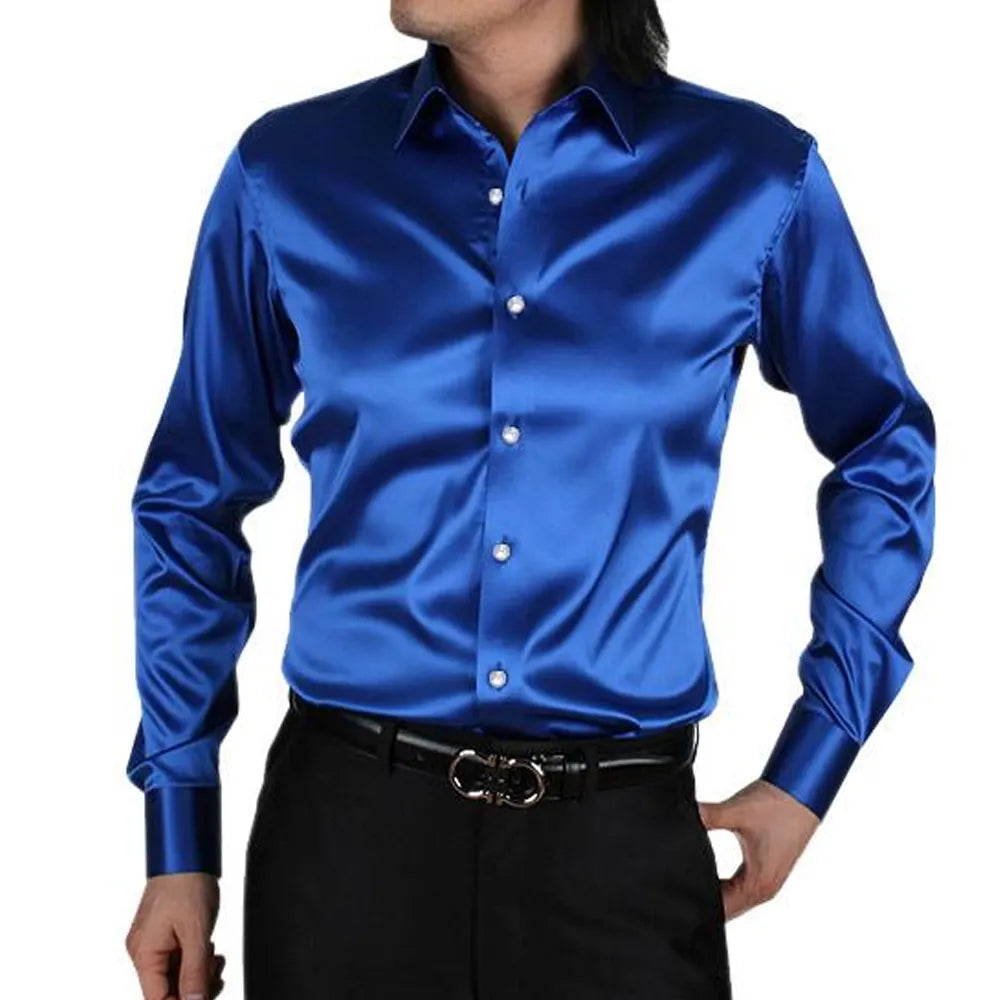 Latest Designs Smooth Silk Satin Shirt 2022 Men's Slim Fit Long Sleeve Button Down Dress at Wholesale