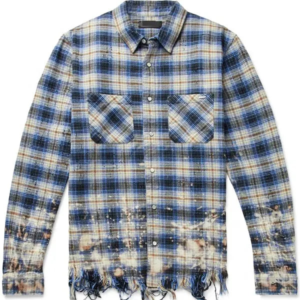 Custom oversized distressed checked cotton flannel mineral acid wash used ripped for men