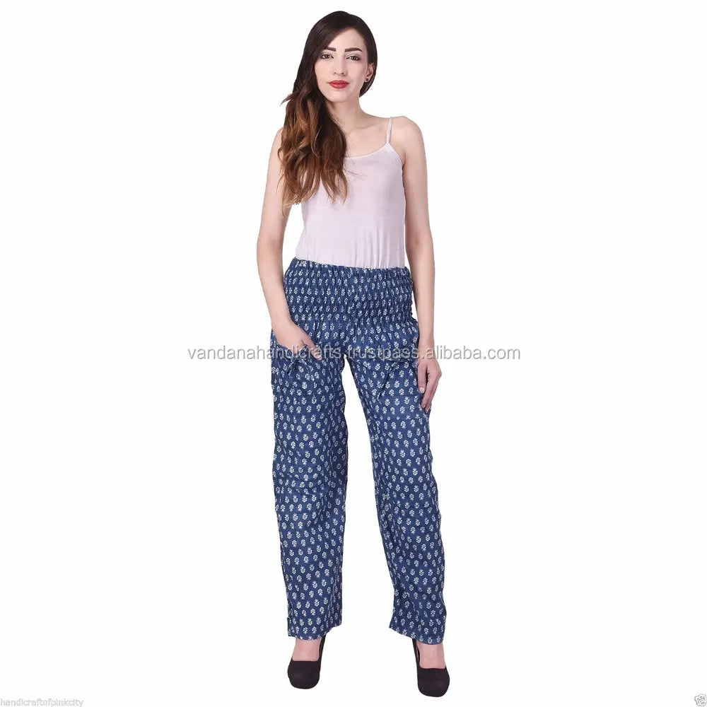 Hand Block Print Cotton Trouser, women Yoga Trouser Indigo Blue Alibaba