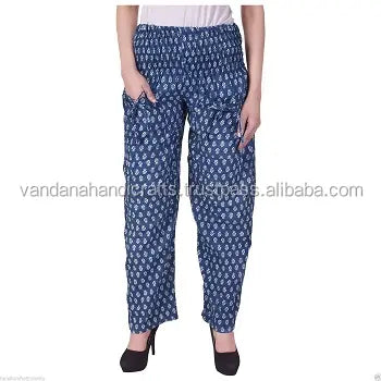 Hand Block Print Cotton Trouser, women Yoga Trouser Indigo Blue Alibaba