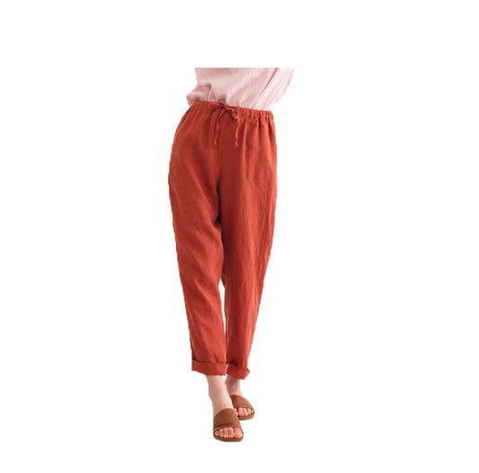 Solid Color Women Loose Fitted 100% Linen Pants