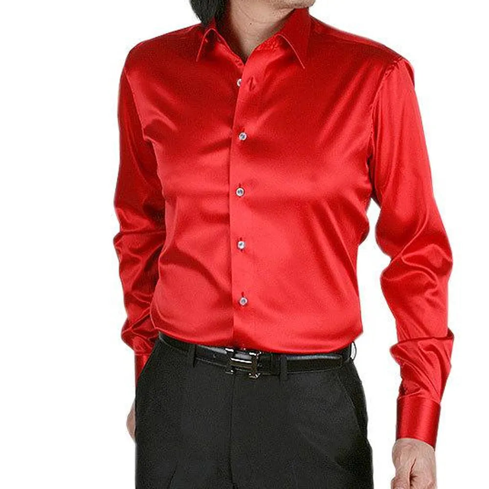 Latest Designs Smooth Silk Satin Shirt 2022 Men's Slim Fit Long Sleeve Button Down Dress at Wholesale