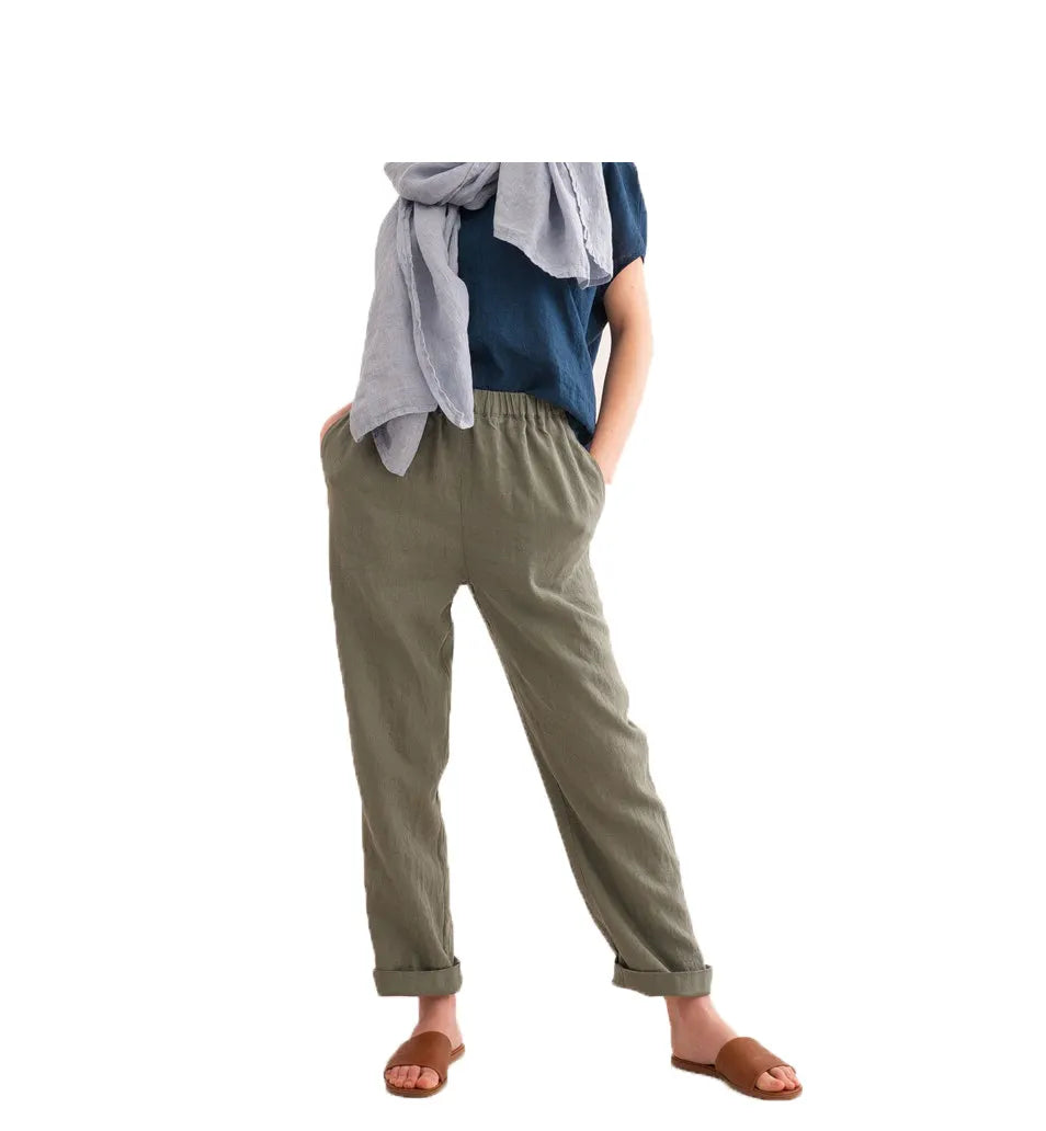 Solid Color Women Loose Fitted 100% Linen Pants